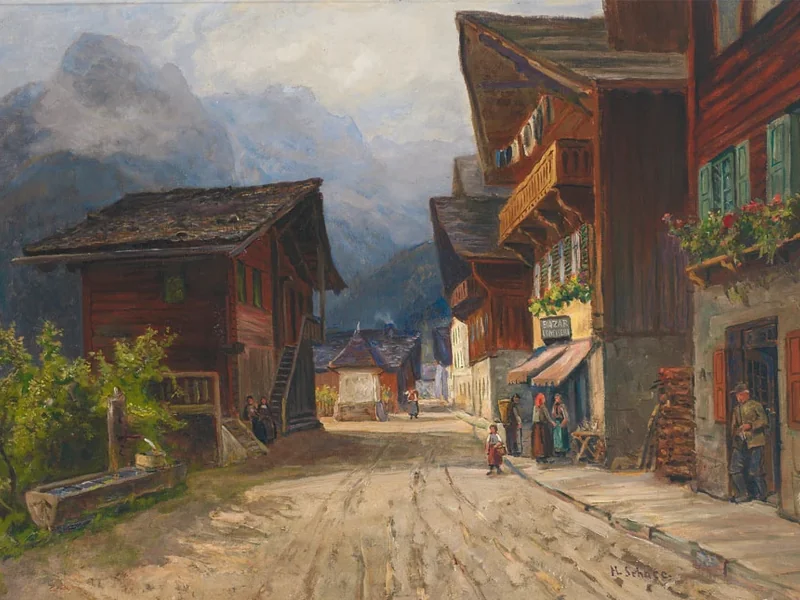 1840-Hermann Schnee - Una via del villaggio di Champéry, nel Vallese, in una giornata estiva